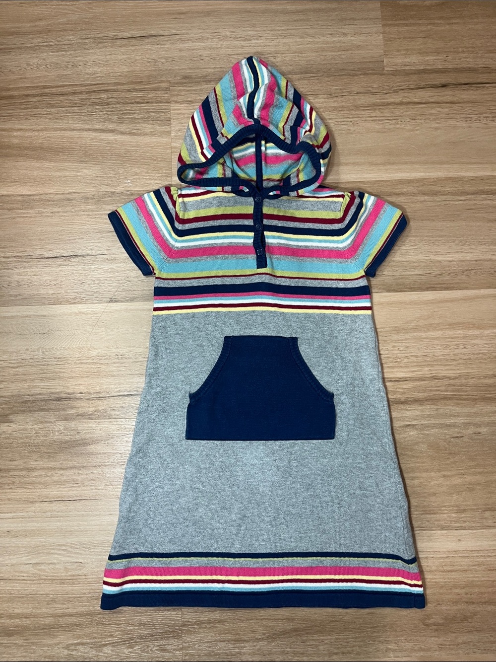 Hanna Andersson 2009 Gray Hooded Knit 100% Cotton Dress Multicolor Stripes 120